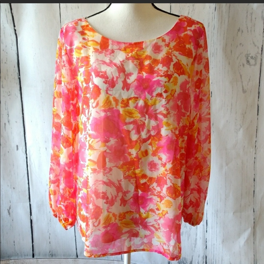 Pink white orange yellow floral top